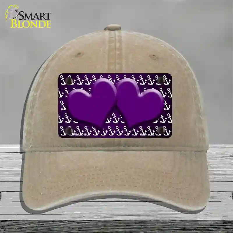 Purple White Anchor Hearts Oil Rubbed Novelty License Plate Hat Unconstructed Cotton / Khaki