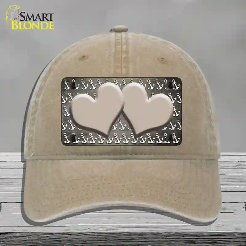 Tan White Anchor Hearts Oil Rubbed Novelty License Plate Hat Unconstructed Cotton / Khaki