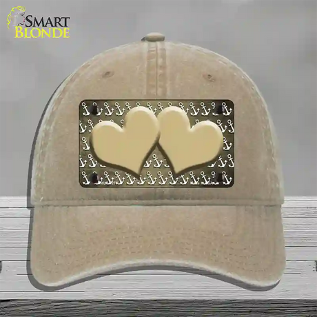 Gold White Anchor Hearts Oil Rubbed Novelty License Plate Hat Unconstructed Cotton / Khaki