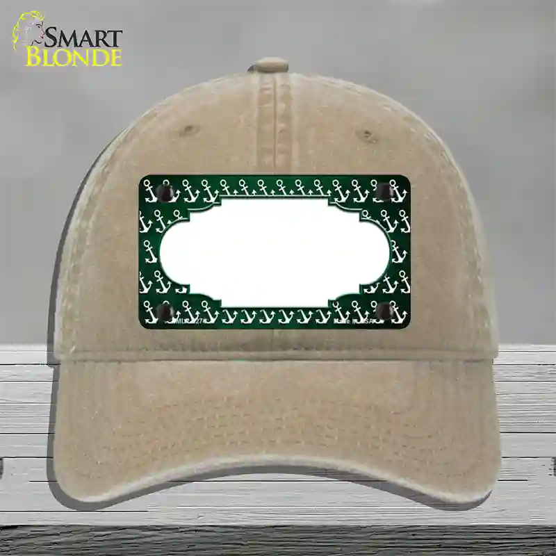 Green White Anchor Scallop Oil Rubbed Novelty License Plate Hat Unconstructed Cotton / Khaki