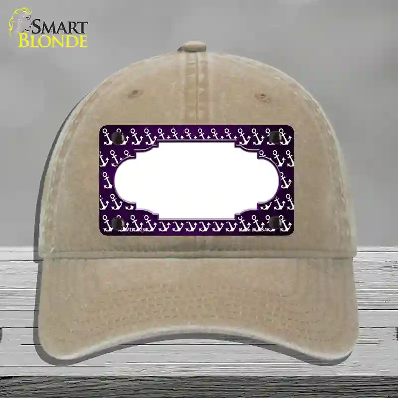 Purple White Anchor Scallop Oil Rubbed Novelty License Plate Hat Unconstructed Cotton / Khaki