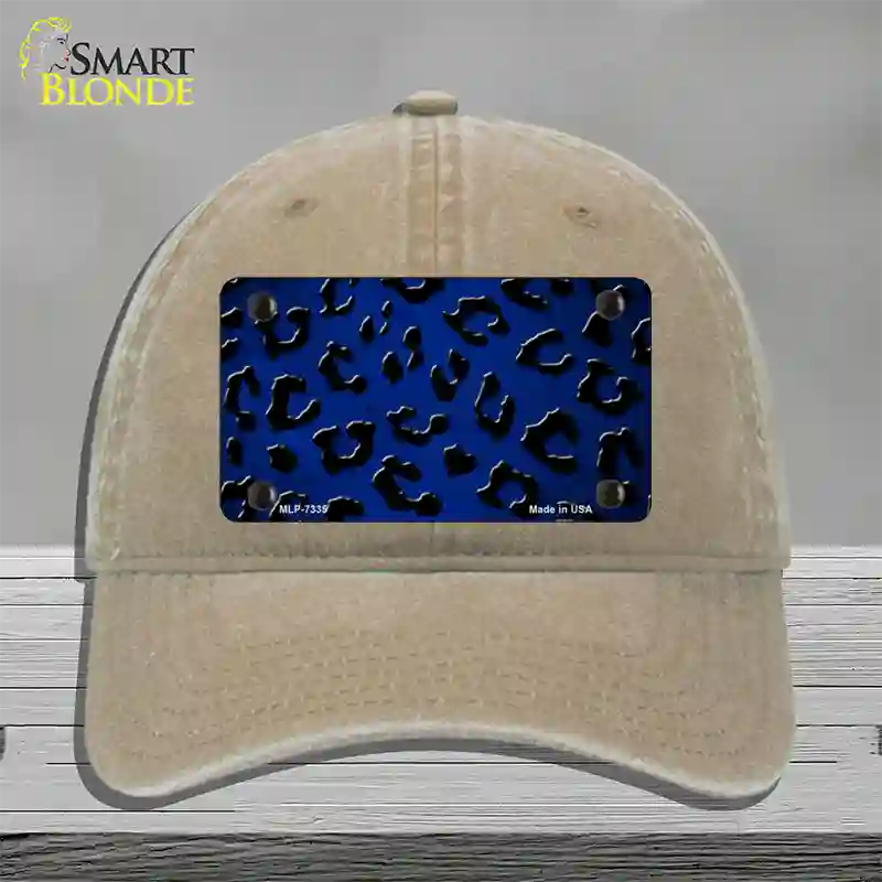 Blue Black Cheetah Oil Rubbed Novelty License Plate Hat Unconstructed Cotton / Khaki