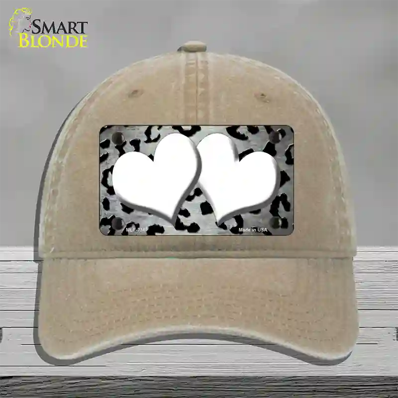 White Black Cheetah Hearts Oil Rubbed Novelty License Plate Hat Unconstructed Cotton / Khaki