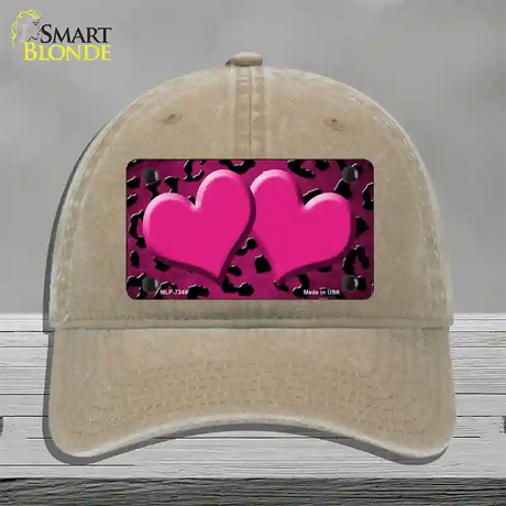 Pink Black Cheetah Hearts Oil Rubbed Novelty License Plate Hat Unconstructed Cotton / Khaki