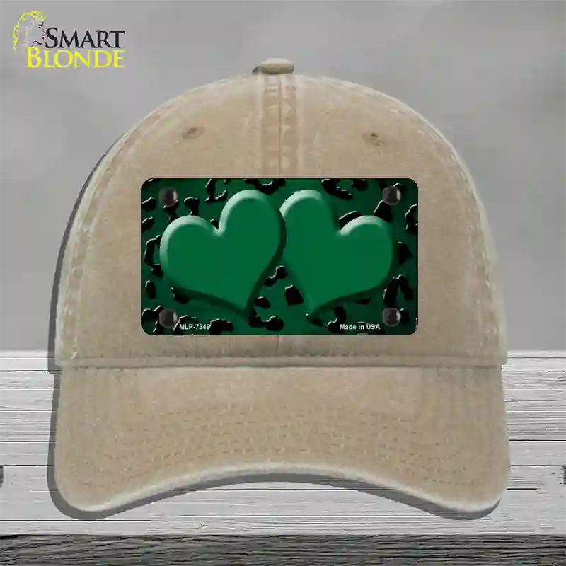 Green Black Cheetah Hearts Oil Rubbed Novelty License Plate Hat Unconstructed Cotton / Khaki