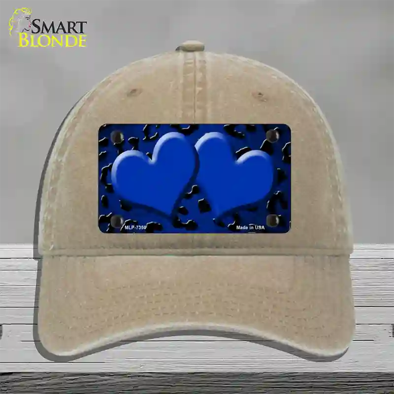 Blue Black Cheetah Hearts Oil Rubbed Novelty License Plate Hat Unconstructed Cotton / Khaki