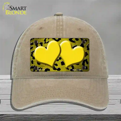 Yellow Black Cheetah Hearts Oil Rubbed Novelty License Plate Hat Unconstructed Cotton / Khaki