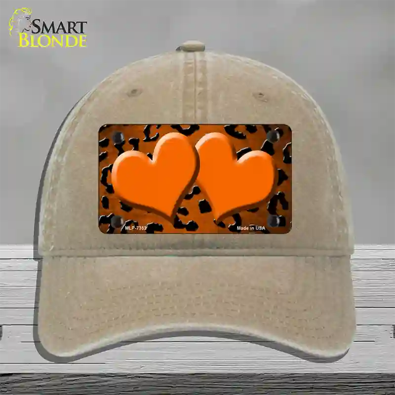 Orange Black Cheetah Hearts Oil Rubbed Novelty License Plate Hat Unconstructed Cotton / Khaki