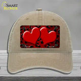 Red Black Cheetah Hearts Oil Rubbed Novelty License Plate Hat Unconstructed Cotton / Khaki