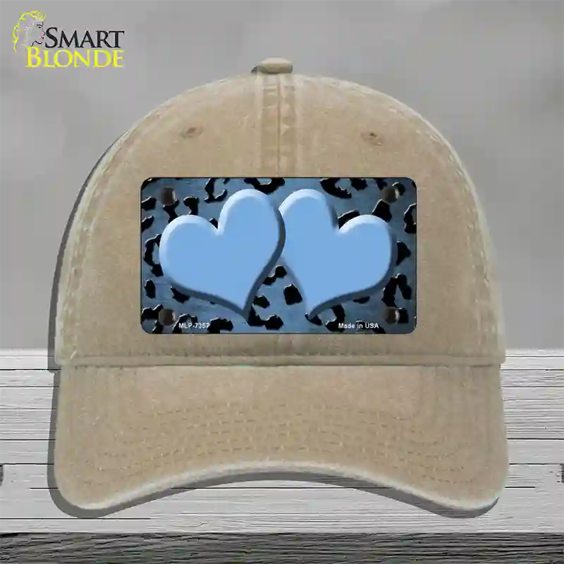 Light Blue Black Cheetah Hearts Oil Rubbed Novelty License Plate Hat Unconstructed Cotton / Khaki