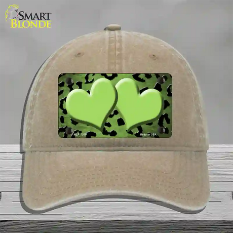 Lime Green Black Cheetah Hearts Oil Rubbed Novelty License Plate Hat Unconstructed Cotton / Khaki