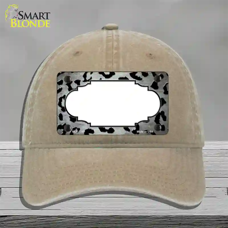 White Black Cheetah Scallop Oil Rubbed Novelty License Plate Hat Unconstructed Cotton / Khaki