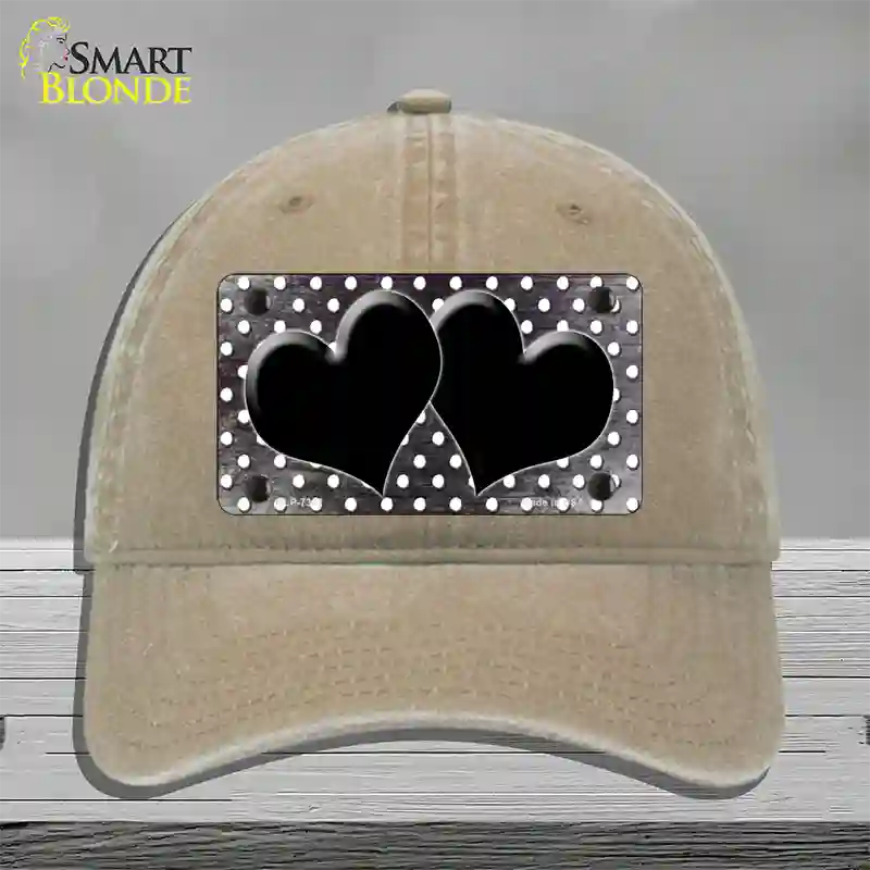 Black White Small Dots Hearts Oil Rubbed Novelty License Plate Hat Unconstructed Cotton / Khaki