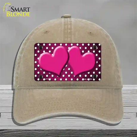 Pink White Small Dots Hearts Oil Rubbed Novelty License Plate Hat Unconstructed Cotton / Khaki