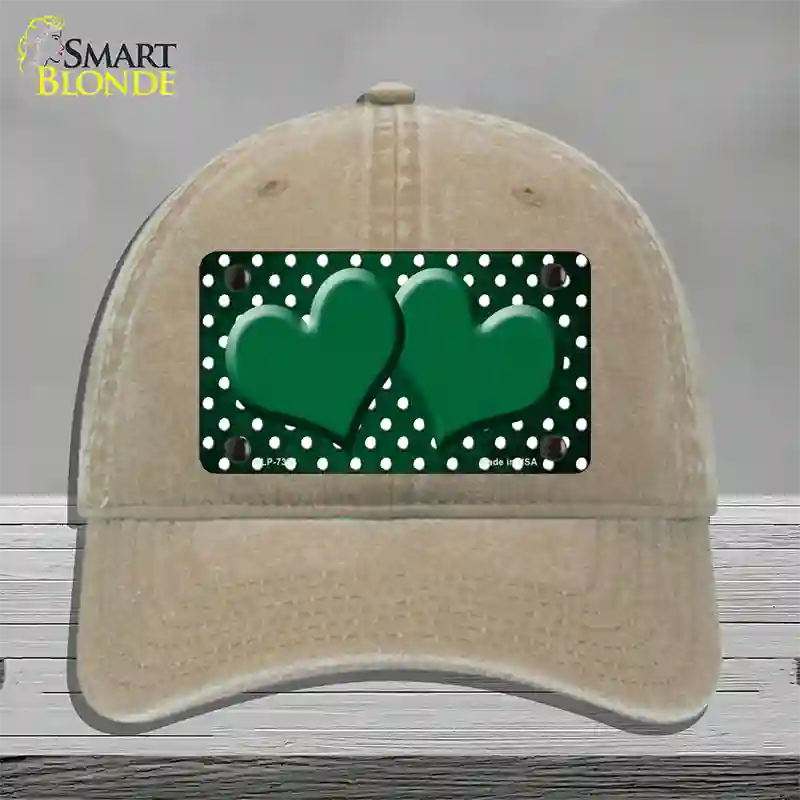 Green White Small Dots Hearts Oil Rubbed Novelty License Plate Hat Unconstructed Cotton / Khaki