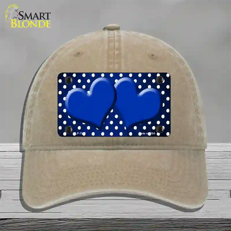 Blue White Small Dots Hearts Oil Rubbed Novelty License Plate Hat Unconstructed Cotton / Khaki