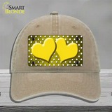 Yellow White Small Dots Hearts Oil Rubbed Novelty License Plate Hat Unconstructed Cotton / Khaki