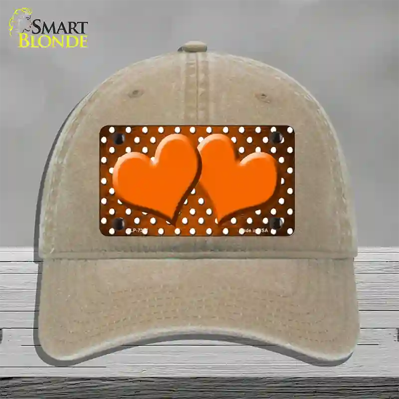 Orange White Small Dots Hearts Oil Rubbed Novelty License Plate Hat Unconstructed Cotton / Khaki