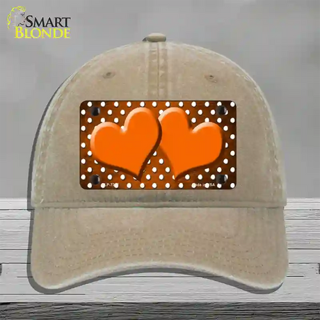 Orange White Small Dots Hearts Oil Rubbed Novelty License Plate Hat Unconstructed Cotton / Khaki