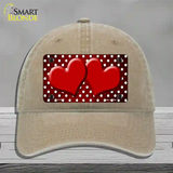 Red White Small Dots Hearts Oil Rubbed Novelty License Plate Hat Unconstructed Cotton / Khaki