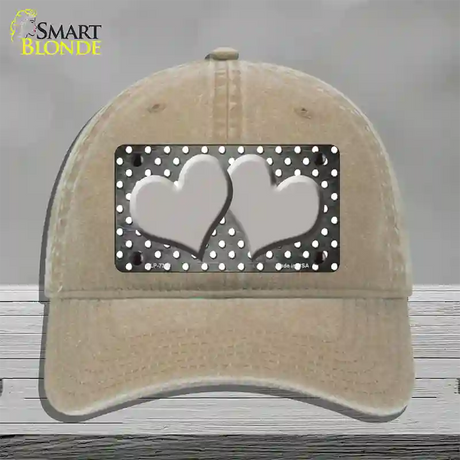 Gray White Small Dots Hearts Oil Rubbed Novelty License Plate Hat Unconstructed Cotton / Khaki