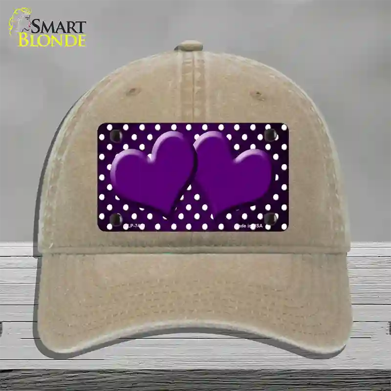 Purple White Small Dots Hearts Oil Rubbed Novelty License Plate Hat Unconstructed Cotton / Khaki