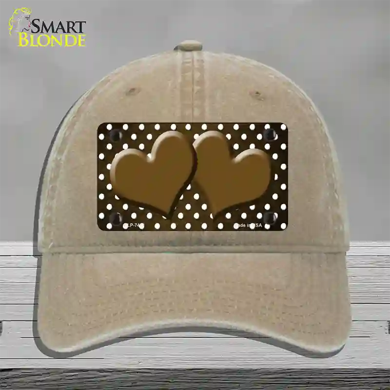 Brown White Small Dots Hearts Oil Rubbed Novelty License Plate Hat Unconstructed Cotton / Khaki