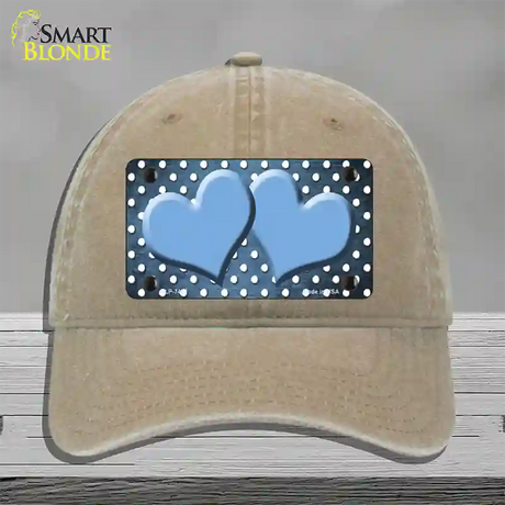 Light Blue White Small Dots Hearts Oil Rubbed Novelty License Plate Hat Unconstructed Cotton / Khaki