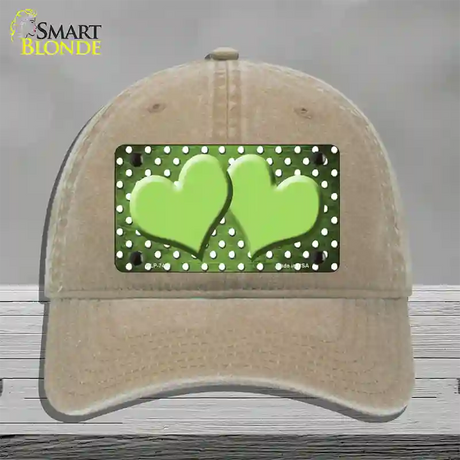 Lime Green White Small Dots Hearts Oil Rubbed Novelty License Plate Hat Unconstructed Cotton / Khaki