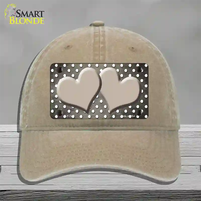 Tan White Small Dots Hearts Oil Rubbed Novelty License Plate Hat Unconstructed Cotton / Khaki