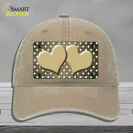 Gold White Small Dots Hearts Oil Rubbed Novelty License Plate Hat Unconstructed Cotton / Khaki