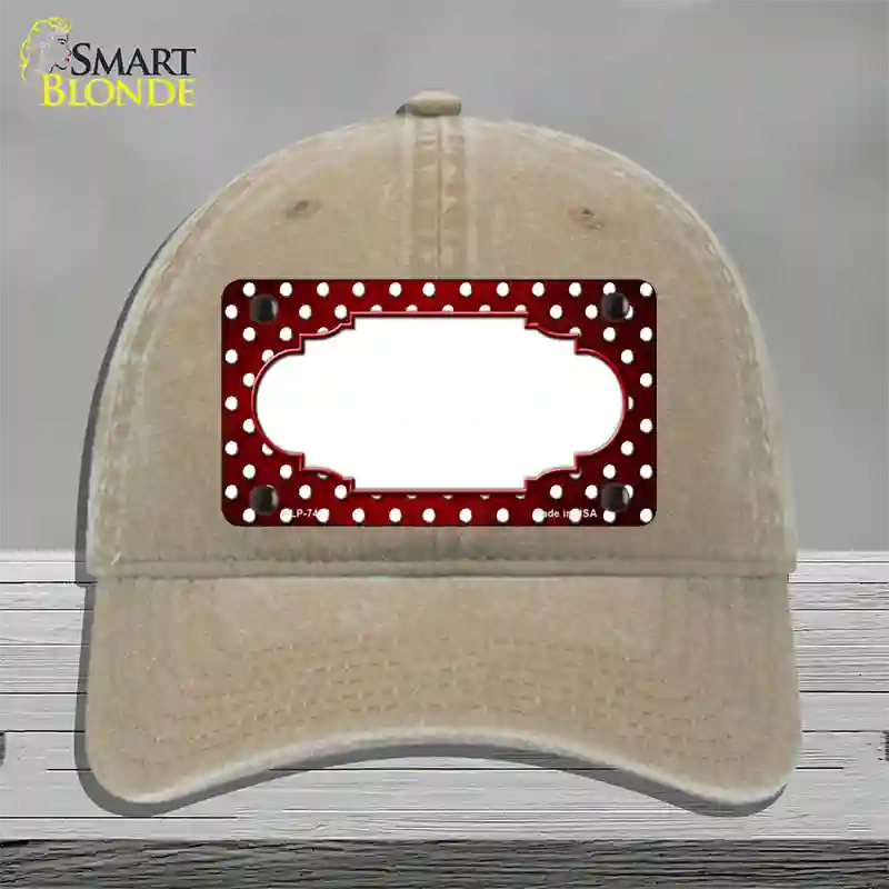 Red White Small Dots Scallop Oil Rubbed Novelty License Plate Hat Unconstructed Cotton / Khaki