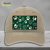 Green White Paw Oil Rubbed Novelty License Plate Hat Unconstructed Cotton / Khaki