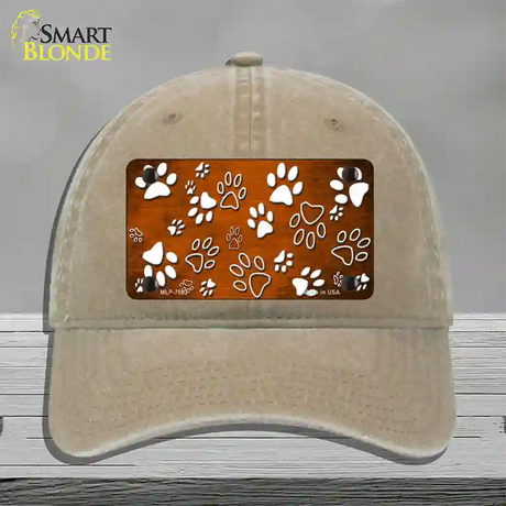 Orange White Paw Oil Rubbed Novelty License Plate Hat Unconstructed Cotton / Khaki