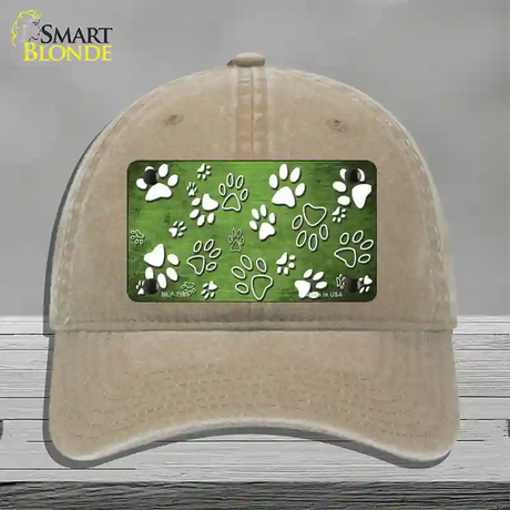 Lime Green White Paw Oil Rubbed Novelty License Plate Hat Unconstructed Cotton / Khaki