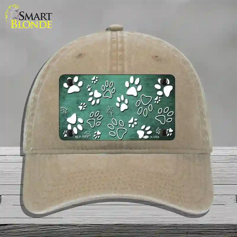 Mint White Paw Oil Rubbed Novelty License Plate Hat Unconstructed Cotton / Khaki