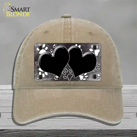 Paw Heart Black White Novelty License Plate Hat Unconstructed Cotton / Khaki