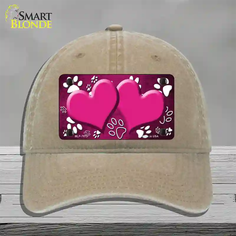 Paw Heart Pink White Novelty License Plate Hat Unconstructed Cotton / Khaki