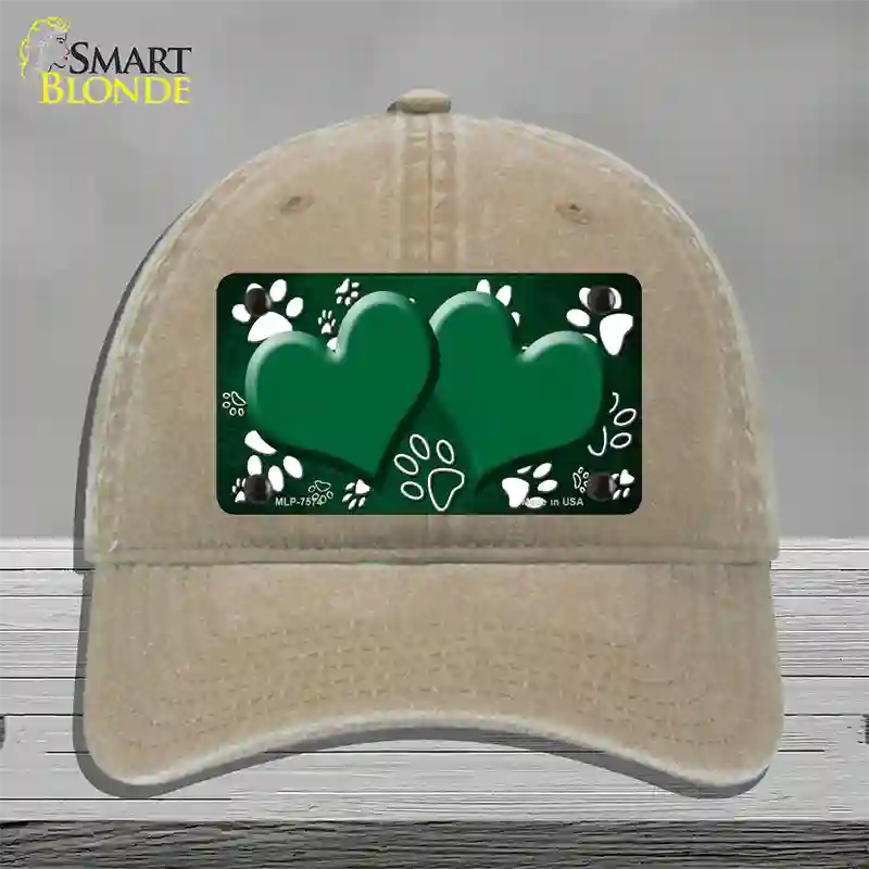 Paw Heart Green White Novelty License Plate Hat Unconstructed Cotton / Khaki