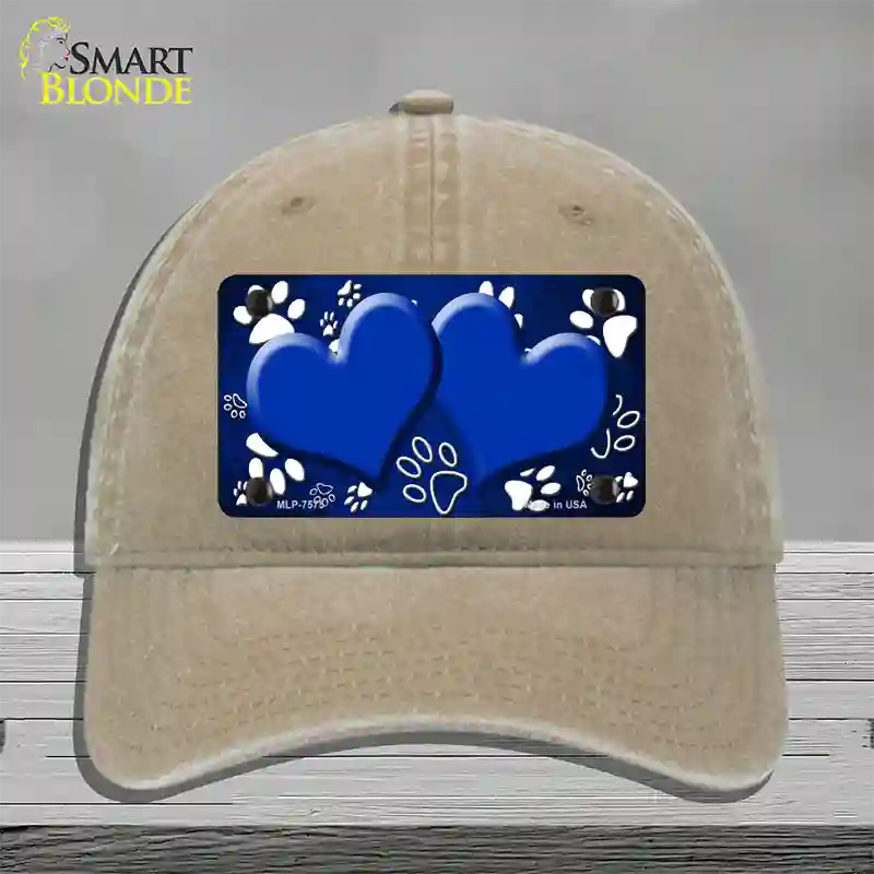 Paw Heart Blue White Novelty License Plate Hat Unconstructed Cotton / Khaki