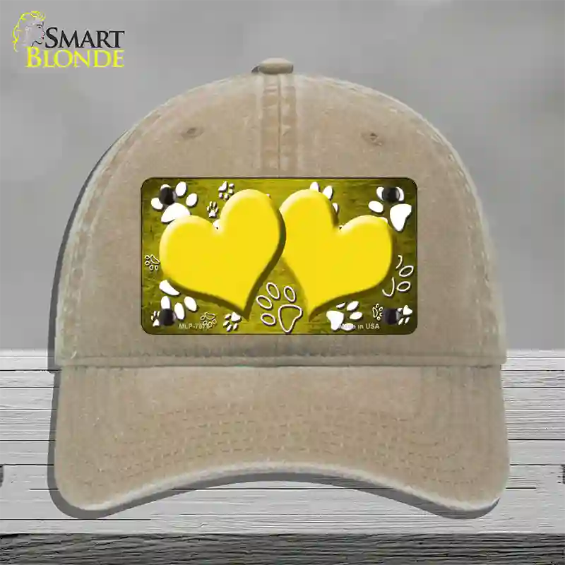 Paw Heart Yellow White Novelty License Plate Hat Unconstructed Cotton / Khaki