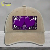 Paw Heart Purple White Novelty License Plate Hat Unconstructed Cotton / Khaki