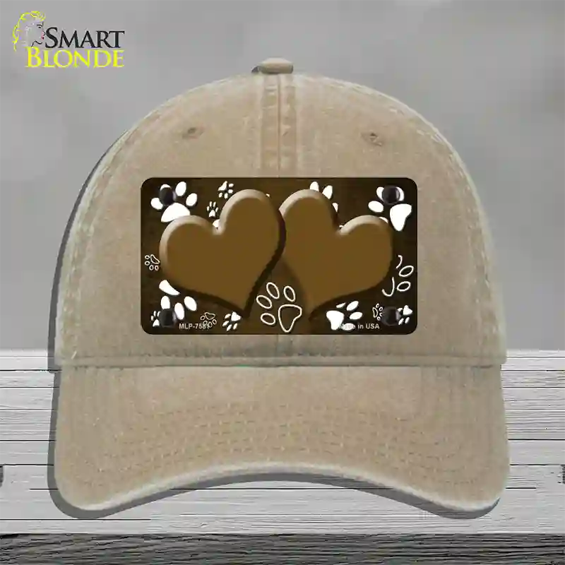 Paw Heart Brown White Novelty License Plate Hat Unconstructed Cotton / Khaki