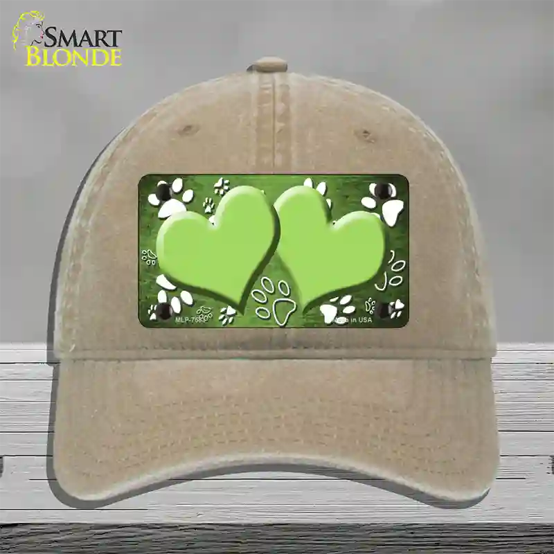 Paw Heart Lime Green White Novelty License Plate Hat Unconstructed Cotton / Khaki