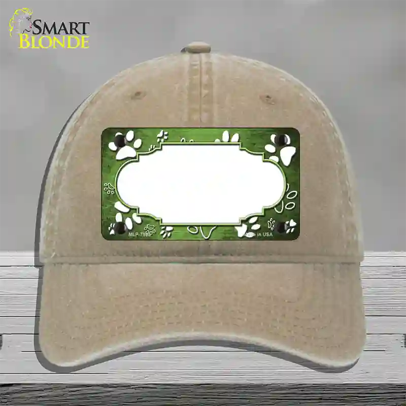 Paw Scallop Lime Green White Novelty License Plate Hat Unconstructed Cotton / Khaki