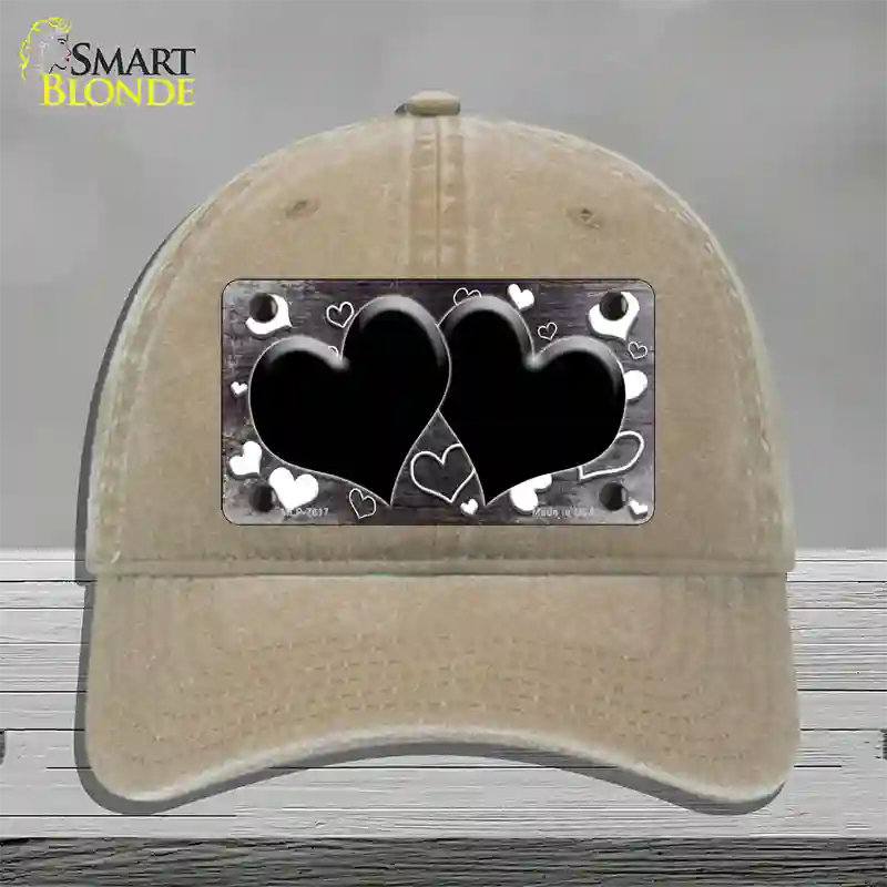 Black White Love Hearts Oil Rubbed Novelty License Plate Hat Unconstructed Cotton / Khaki