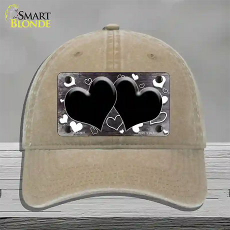 Black White Love Hearts Oil Rubbed Novelty License Plate Hat Unconstructed Cotton / Khaki