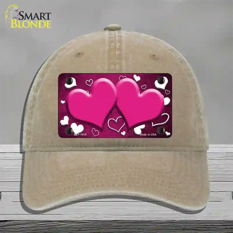 Pink White Love Hearts Oil Rubbed Novelty License Plate Hat Unconstructed Cotton / Khaki