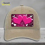 Pink White Love Hearts Oil Rubbed Novelty License Plate Hat Unconstructed Cotton / Khaki