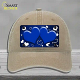 Blue White Love Hearts Oil Rubbed Novelty License Plate Hat Unconstructed Cotton / Khaki